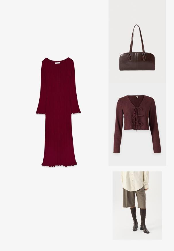 Bordowy, krótki top z długim rękawem wykonany z teksturowanej tkaniny z głębokim dekoltem w kształcie V i wiązaniem z przodu. Posiada smukły krój.; Bordowa sukienka z długim rękawem o prążkowanej fakturze, z szerokimi rękawami i falbaniastym dołem. Posiada okrągły dekolt i długość do ziemi.; Brązowe, sięgające do kolan botki na kwadratowym nosku i słupku, zestawione z beżową, przesadnie dużą koszulą oraz brązowymi kratkowymi spodniami culottes.; Brązowa skórzana torebka z dwoma długimi uchwytami, o strukturalnym prostokątnym kształcie, gładkiej fakturze i zaokrąglonych krawędziach. Posiada akcentowane detale przy uchwytach.