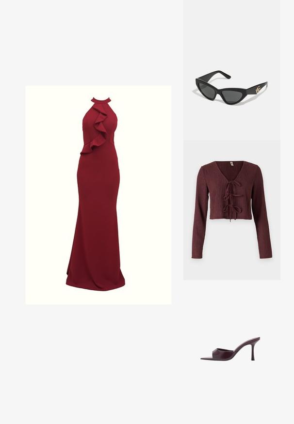 Bordeauxfarbene, langärmlige Cropped-Bluse aus strukturiertem Stoff mit tiefem V-Ausschnitt und Bindeband vorne. Besitzt ein tailliertes Design.; Burgunderfarbendes Neckholder-Kleid mit Rüschendetails an der Seite; figurbetonende Silhouette; aus glattem, dehnbarem Stoff gefertigt; bodenlanger Schnitt.; Burgunderfarbene High-Heel-Mules mit quadratischer Zehenpartie, aus glattem Leder gefertigt. Sie verfügen über ein elegantes, minimalistisches Design und einen schmalen Absatz.; Cat-Eye-Sonnenbrille mit mattem schwarzen Kunststoffrahmen, dunklen Gläsern und einem goldenen Logoplatz auf dem Bügel. Winkeliges Design und glatte Oberfläche.; Michael Kors Clutch in beige beschichtetem Canvas mit einem wiederholten MK-Logo-Muster, goldfarbener hardware und einem abnehmbaren Kettenriemen.