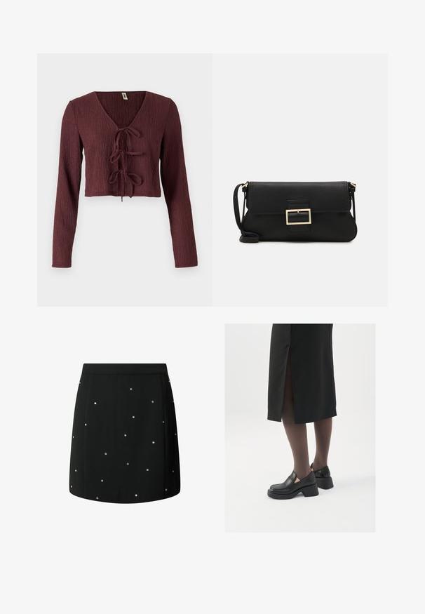 Bordowy, krótki top z długim rękawem wykonany z teksturowanej tkaniny z głębokim dekoltem w kształcie V i wiązaniem z przodu. Posiada smukły krój.; Czarna spódnica wykonana z materiału o gładkiej teksturze, z rozrzuconymi srebrnymi ćwiekami jako akcentami. Prosty krój z czystym wykończeniem.; Czarne skórzane buty z okrągłym noskiem, grubym blokowym obcasem i elastycznymi akcentami po bokach, zestawione z ciemnymi rajstopami i czarną spódnicą z rozcięciem.; Czarna skórzana torebka kopertowa z klapką i detalem w postaci złotej metalowej klamry. Zawiera czarny pasek oraz elegancki, minimalistyczny design.; Złote metalowe kolczyki o eleganckim, zakrzywionym kształcie. Posiadają charakterystyczny szpiczasty kształt, polerowaną powierzchnię oraz zapięcie na zawias.