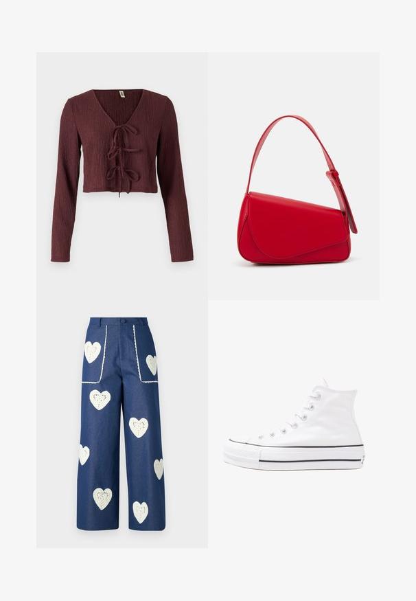Burgundi, hosszú ujjú cropped top texturált anyagból, mély V-kivágással és megkötő részlettel az elején. Slim fit kialakítása van.; Sister Jane HEART TO HEART - Egyenes szárú farmer - blue denim; Fehér magaskorsó vászon sportcipő fekete gumi talppal, elülső gumi orrnyereggel és hat fűzőlyukkal, letisztult, minimalista dizájnnal.; Piros bőr kézitáska szögletes, geometrikus kialakítással. Egy állítható pánttal és varrott részletekkel ellátott fedélzárral rendelkezik.