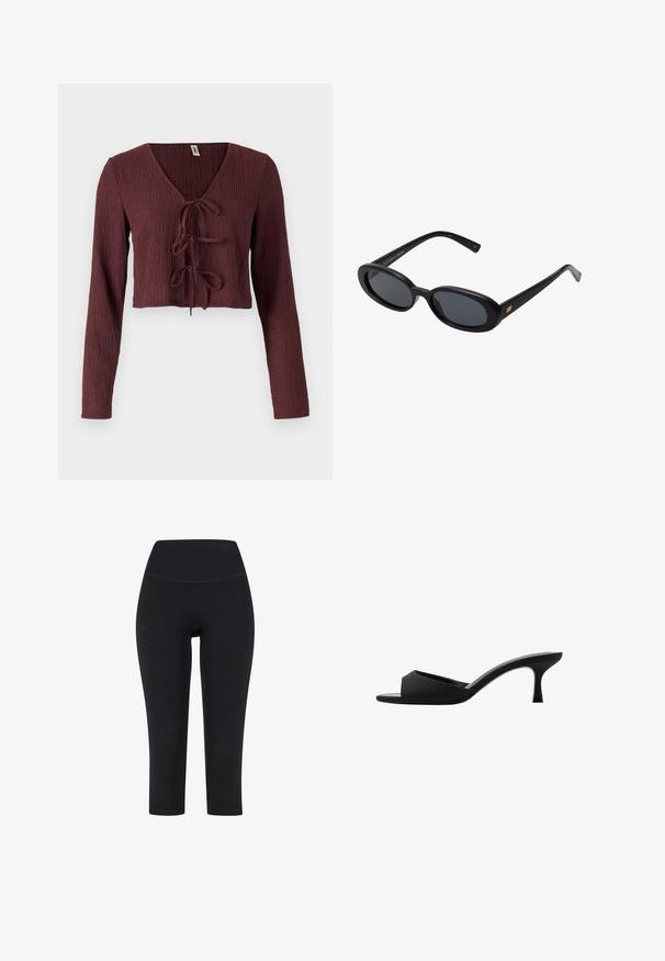 Bordowy, krótki top z długim rękawem wykonany z teksturowanej tkaniny z głębokim dekoltem w kształcie V i wiązaniem z przodu. Posiada smukły krój.; Czarne legginsy za kostkę wykonane z elastycznego materiału, z wysokim stanem i bez widocznych wzorów czy elementów metalowych.; Czarne klapki na wysokim obcasie z szerokim, otwartym noskiem i zakrzywioną cholewką. Wykonane z teksturowanej tkaniny, z wąskim obcasem i gładką podeszwą.; Czarne, oversize okulary przeciwsłoneczne z owalnymi soczewkami, gładkim plastikowym mostkiem i złotymi akcentami na zausznikach. Ciemne soczewki zapewniają ochronę przed słońcem.