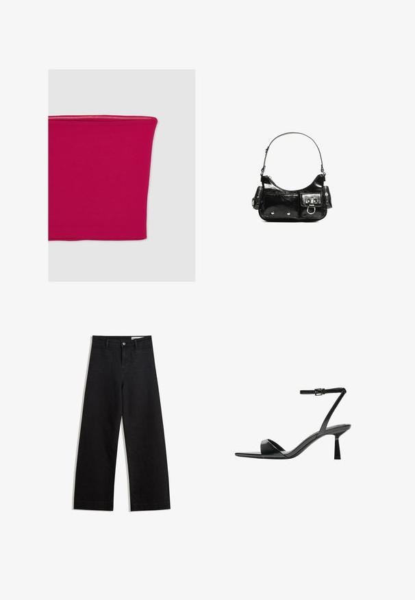 Top senza spalline aderente in cotone misto di un vivace colore rosa, con una texture liscia e un design a taglio dritto con orlo pulito.; Pantaloni in denim neri a gamba larga con vita alta, dotati di tasche anteriori e posteriori, cuciture a punto, e chiusura con bottone. Texture liscia.; Bershka Sandali con tacco - black; Borsa a spalla in vernice nera con forma curvata, una tracolla, tasche frontali e dettagli in metallo argentato.