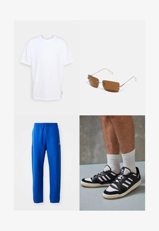 White cotton t-shirt with short sleeves, a crew neck, and a relaxed fit. Features a small side brand label. Smooth texture.; Blue sweatpants made of soft fabric, featuring an elastic waistband with drawstring, tapered legs, and a small logo detail on the side.; Black and white sneakers with a suede and leather upper, featuring three white stripes, a perforated toe, and a gum rubber sole.; Brown rectangular sunglasses with thin silver wire frames and nose bridge supports. Lenses are flat and slightly tinted.; White pearl necklace with a uniform round shape, smooth surface, and metal clasp with an extension chain for adjustable length.