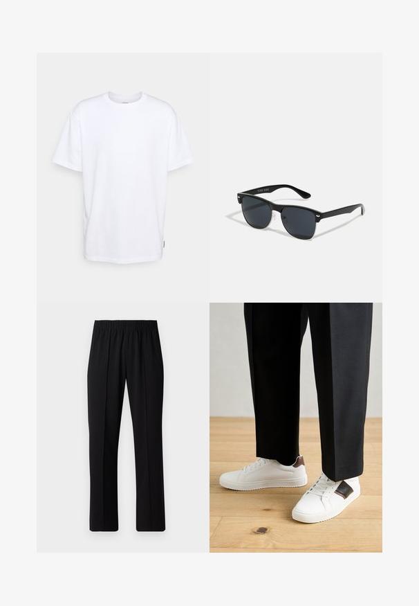 Balts kokvilnas T-kreklis ar īsām piedurknēm, apaļu kaklu un brīvu piegriezumu. Iekļauts neliels sānu zīmola aplis. Gluda tekstūra.; Melni elastīgi bikses ar taisnas kājas dizainu, ar gludu tekstūru un bez redzamām zīmēm vai detaļām.; Baltā pārsoļa apavi ar gludu tekstūru, papildināti ar brūniem ādas akcentiem un melniem elementiem, savienoti ar melnām pielāgotām biksēm. Koka grīdas fons.; Melnas saulesbrilles ar taisnstūra formu, tumšiem stenģiem, sudraba akcentiem pie tempļiem un matētu apdari uz rāmja.
