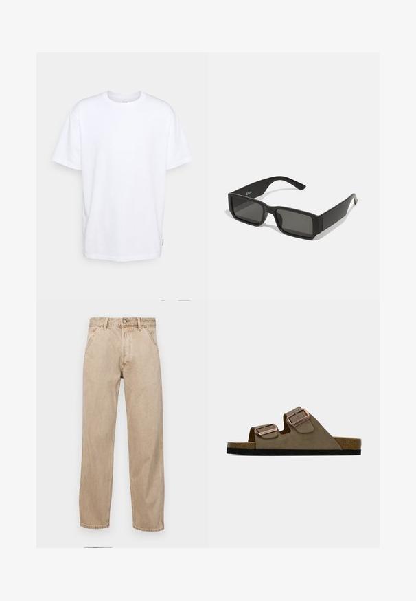 Tricou alb din bumbac, cu mâneci scurte, guler rotund și o croială lejeră. Prezintă o etichetă de marcă mică pe lateral. Textură netedă.; Jeans din denim bej cu un design drept, care prezintă buzunare frontale, închidere cu buton metalic și o textură subtilă.; Sandale din suede maro cu două curele ajustabile și catarame metalice. Tălpică din plută și talpă texturată neagră. Design cu vârful deschis.; Ochelari de soare negri cu lentile dreptunghiulare, cadru din plastic mat și margini drepte. Prezintă logo-ul mărcii pe brațul interior.; Colier din perle albe, cu o formă uniformă și rotundă, suprafață netedă și clapetă metalică cu un lanț de extensie pentru lungime ajustabilă.
