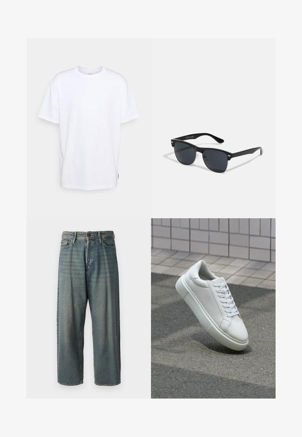 Balts kokvilnas T-kreklis ar īsām piedurknēm, apaļu kaklu un brīvu piegriezumu. Iekļauts neliels sānu zīmola aplis. Gluda tekstūra.; Gaiši zili džinsi ar brīvu piegriezumu, vidējo jostas augstumu un taisnām kājām. Satur piecas kabatas, jostas cilpas un pogu aizdari.; Baltas ādas sporta apavi ar gludu virsmu, apaļu pirkstu un plakanām baltām šņorēm. Iezīmējas ar strukturētu gumijas zoli un minimālisma dizaina elementiem.; Melnas saulesbrilles ar taisnstūra formu, tumšiem stenģiem, sudraba akcentiem pie tempļiem un matētu apdari uz rāmja.
