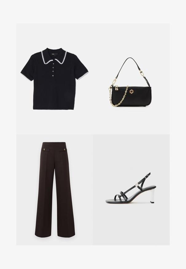 Svart strikket polo skjorte med hvit bølgekant og trim, kort erm, og seks knapper foran. Teksturert stoff.; Mørkebrune høytlivs vidde bukser med frontfolder og dekorative knappede klaffelommer nær livet.; Svarte hæler med flere smale stropper, slinga bak og sølvfarge på hælen. Glatt overmateriale og firkantet hæl.; Svart håndveske med en glatt tekstur, som har en gullkjede-reim, glidelås-lukking og et dekorativt gull-emblem på forsiden.