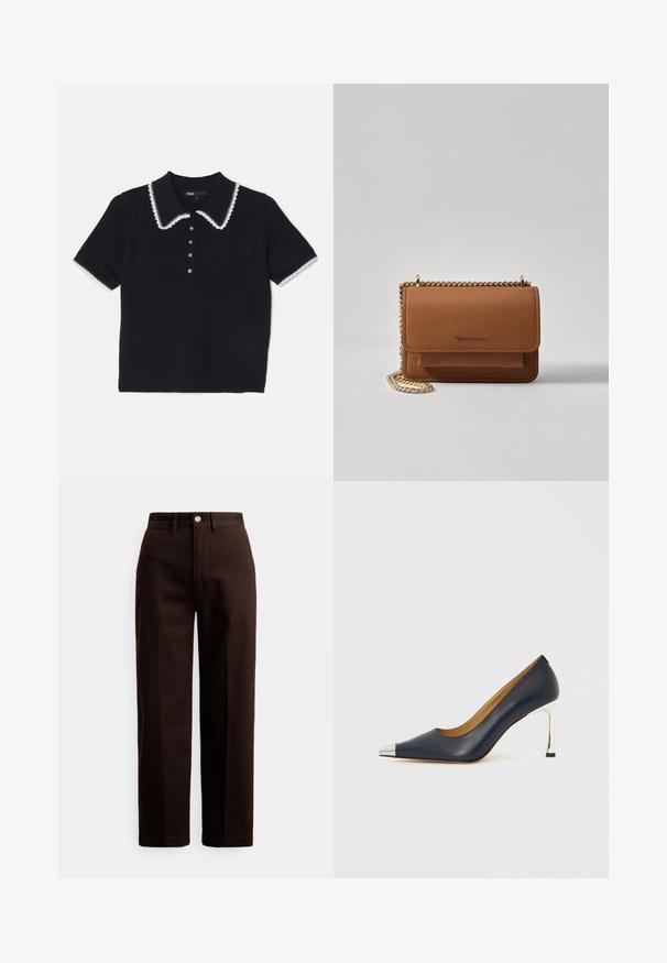 Črna pletena polo majica z belim valovitim ovratnikom in obrobo, kratkimi rokavi in šestimi gumbi na zapenjanju. Teksturirana tkanina.; Temno rjave ravne hlače z gumbi in zadrgo, z zankami za pas in sprednjimi žepi na belem ozadju.; Temno modra usnjena čevlja z visokim petom in koničastim prstom, opremljena s srebrnim kovinskim zaključkom in sijočim srebrnim šilo peto.; Rjava teksturirana usnjena torba čez ramo z zlatim verižnim trakom in zapiranjem na pokrov. Spredaj je vidna podrobnost logotipa in žep pod pokrovom.