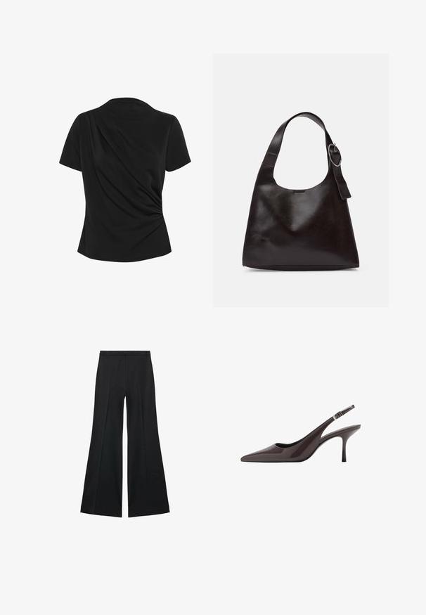 Schwarzes Kurzarmoberteil mit drapiertem Detail auf der Rückseite, aus weichem Stoff, mit rundem Halsausschnitt und figurbetonter Silhouette.; Schwarze weit geschnittene Hose mit glatter Textur, ausgestattet mit Frontfalten und einem taillierten Design. Der Stoff ist leicht und fließend.; Spitze Slingback-Absätze aus dunkelbraunem Lackleder, mit einem schlanken hohen Absatz und einem verstellbaren Knöchelriemen mit Schnalle.; Braune Lederumhängetasche mit glatter Textur, runder Form, breitem Tragegurt und metallischem, kreisförmigem Akzent am Griff.