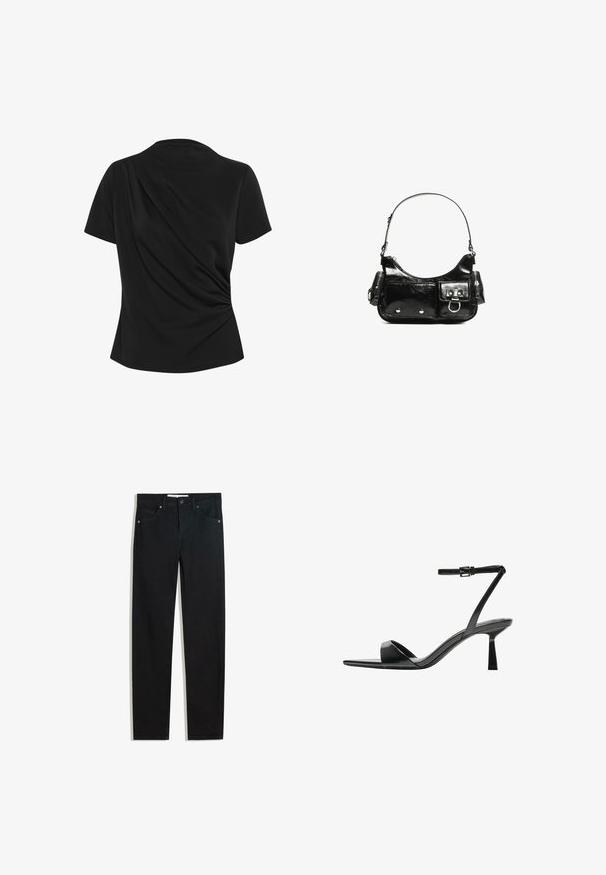 Schwarzes Kurzarmoberteil mit drapiertem Detail auf der Rückseite, aus weichem Stoff, mit rundem Halsausschnitt und figurbetonter Silhouette.; Schwarze Jeans mit geradem Bein, fünf Taschen, Metallknopfverschluss und dezenten Nähten. Glatte Textur.; Bershka High Heel Sandalette - black; Schwarze Lackleder-Handtasche mit geschwungenem Design, einem Schulterriemen, Vordertaschen und silberfarbenen Hardware-Akzenten.