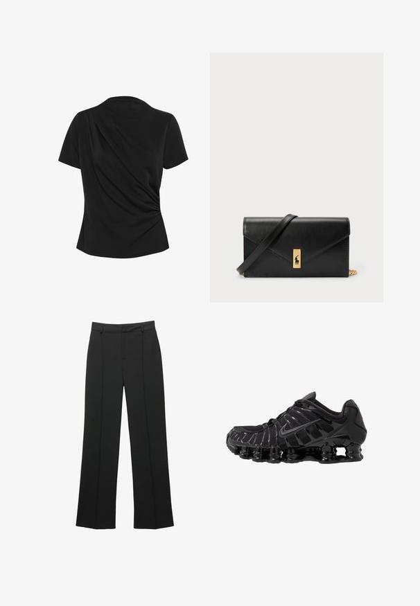 Sort kortærmet top med draperede detaljer på ryggen, lavet af blødt stof, med rund halsudskæring og tætsiddende silhuet.; Sorte højtaljede brede bukser med bæltestropper og en forside søm detalje, vist på en hvid baggrund.; Sort atletisk sko med mesh-overdel og glatte overlays. Har buet spiralbøsningsdæmpning og strukturerede linjer på siden. Nike-logoet er synligt.; Sort lædertegnebog med en fold-over klap, guldfarvet hardware og en logoaccent. Inkluderer en aftagelig rem til bæring.