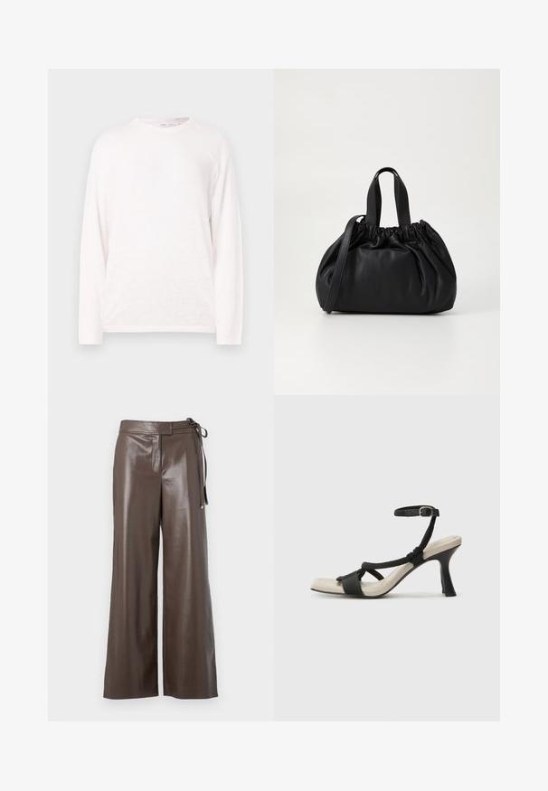 Langærmet skjorte lavet af letvægts, struktureret stof i off-white. Har en rund halsudskæring og en afslappet pasform.; Brune faux læder vide bukser med høj talje og sidesnor-detalje på hvid baggrund.; Sorte hælede sandal med flettet remdesign, firkantet tå og justerbar ankelrem. Lys beige fodseng med en blank sort hæl.; Sort læderhåndtaske med en samlet topdesign, der har to korte håndtag og en lang justerbar rem. Glat overflade, rund form.