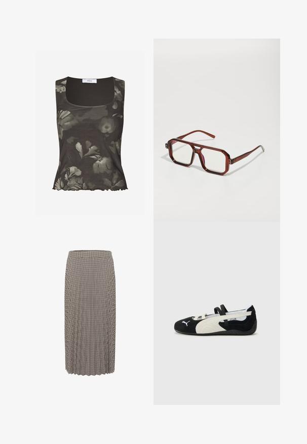 Envii WILMA - Top - green; Pletená midi sukňa v čierno-bielej kárované vzore. Obsahuje pás a textúrovanú látku s priamym strihom.; Čierna a krémová ultraľahká topánka so zvrškom z semišu, plochou podrážkou, elastickými popruhmi a malým logom na špičke.; Hnedé priesvitné nadmerné okuliare s obdĺžnikovými šošovkami a štíhlymi ramenami. Uhlové, mierne zaoblené rohy a viditeľné kovové akcenty.