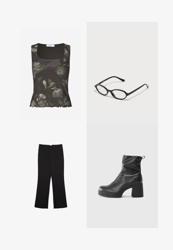 Envii WILMA - Top - green; Pantaloni neri a gamba dritta, con tasche frontali e spacchi laterali all'orlo. Realizzati in tessuto morbido e liscio. Adatti a diverse occasioni.; Stivali neri alla caviglia in pelle liscia, con zip laterale, tacco spesso e texture, e punta arrotondata.; Occhiali con montatura ovale nera e accenti viola traslucidi sulle lenti. La montatura ha una finitura opaca e delle astine sottili e diritte.