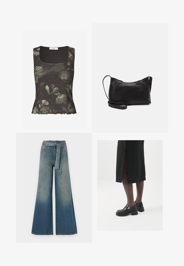 Envii WILMA - Top - green; Wide-leg denim trousers featuring a light to dark blue gradient, high waist, belt loops, and a matching fabric belt. Textured denim finish.; Black leather shoes with a rounded toe, thick block heel, and elastic side accents, paired with dark tights and a black skirt with a slit.; Black leather shoulder bag with a smooth texture, curved shape, adjustable strap, and a zip closure. Minimalist design without embellishments.