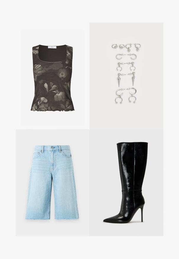 Envii WILMA - Top - green; Lichtblauwe denim shorts met een losse pasvorm, een rafelige zoom, vijf zakken en metalen hardware. Klassiek jeansontwerp met subtiele vervaging.; Zwarte leren kniehoge laarzen met een spitse neus en hoge stiletto hak. Soepele textuur en strak ontwerp, met minimale detailing.; Set van zilveren oorbellen met verschillende ontwerpen: hoops, studs en hangende stijlen, met balletjes en puntige elementen.