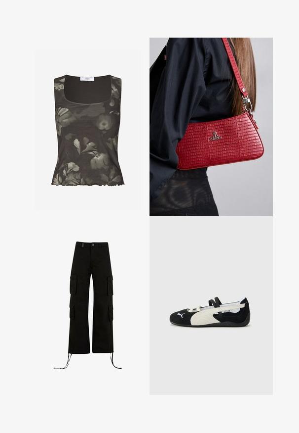 Envii WILMA - Top - green; Black cargo pants with a relaxed fit, featuring cargo pockets on the sides, drawstring hems, and a button closure at the waist.; Black and cream ultra-lightweight shoe with a suede upper, flat sole, elastic straps, and a small logo on the toe.; Red crocodile-patterned handbag with a sleek, triangular shape and a detachable strap, featuring silver hardware and a logo detail.