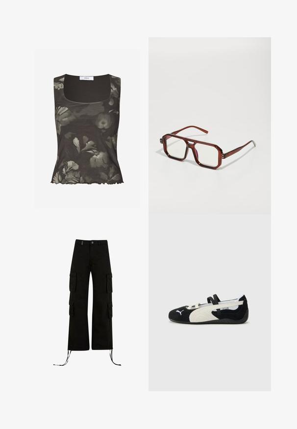 Envii WILMA - Top - green; Pantaloni cargo neri con una vestibilità rilassata, dotati di tasche cargo sui lati, orli con cordino e chiusura con bottone in vita.; Scarpa ultra-leggera nera e crema con tomaia in suede, suola piatta, cinturini elastici e un piccolo logo sulla punta.; Occhiali trasparenti marroni di grandi dimensioni con lenti rettangolari e aste sottili. Angoli angolati e leggermente arrotondati con accenti di hardware visibili.