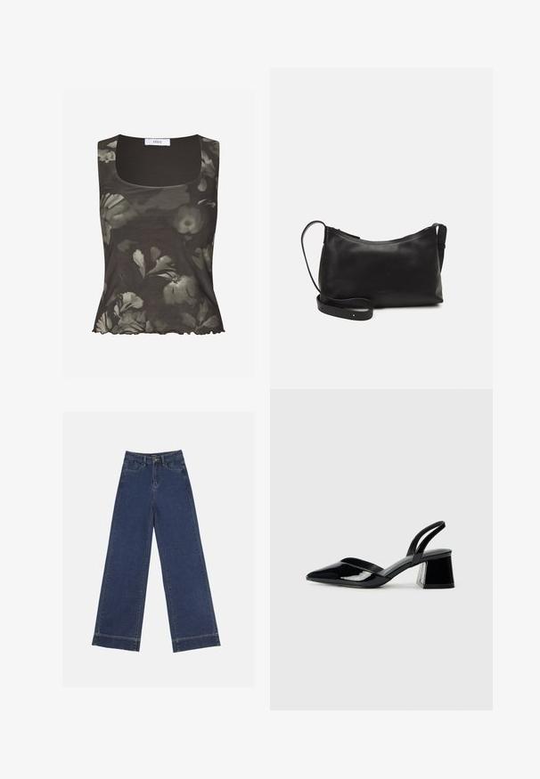 Envii WILMA - Top - green; Weite Jeans in dunkelblauem Denim. Verfügt über fünf Taschen, Gürtelschlaufen und einen rohen Saum am unteren Ende mit sichtbaren Nahtdetails.; Schwarze Lackleder-Slingback-High Heels mit spitzem Schuh und einem geometrischen Blockabsatz. Verfügt über ein schlankes, minimalistisches Design und eine glatte Textur.; Schwarze Ledertasche für die Schulter mit glatter Textur, geschwungener Form, verstellbarem Tragegurt und Reißverschluss. Minimalistisches Design ohne Verzierungen.