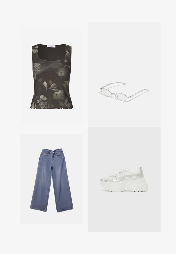 Envii WILMA - Top - green; Wide-leg denim jeans in a light blue wash, featuring a high waist, front pockets, and a button closure with belt loops.; Silver sneaker with a textured mesh upper and iridescent accents, featuring a chunky white sole and lace-up closure.; Oval glasses with a metallic silver frame, clear lenses, and textured beaded temple accents. Lightweight design with curved arms.