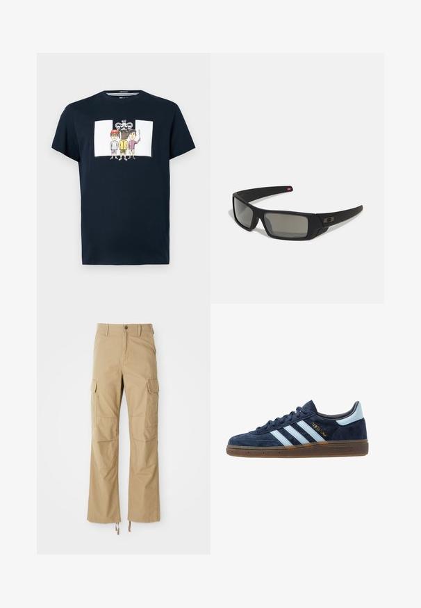 Navyblaue Baumwoll-T-Shirt mit einem Vorderdesign von drei Cartoons und einem Kronenmuster mit dem Wort "Frieden". Kurze Ärmel, Rundhalsausschnitt.; Khakifarbene Cargo-Hosen aus strapazierfähigem Material, mit mehreren Seitentaschen, geradem Bein-Design und verstellbaren Kordeln am Saum.; Marineblaue Wildleder Adidas Sneaker mit hellblauen Streifen, Gummisohle, hellblauer Fersenkappe und goldener "Spezial"-Markierung an der Seite.; Schwarze Sonnenbrille mit matter Oberfläche, rechteckigen Gläsern, leichtem Bogen an den Schläfen, dezentem Logo-Detail und rauchgetönten Gläsern.