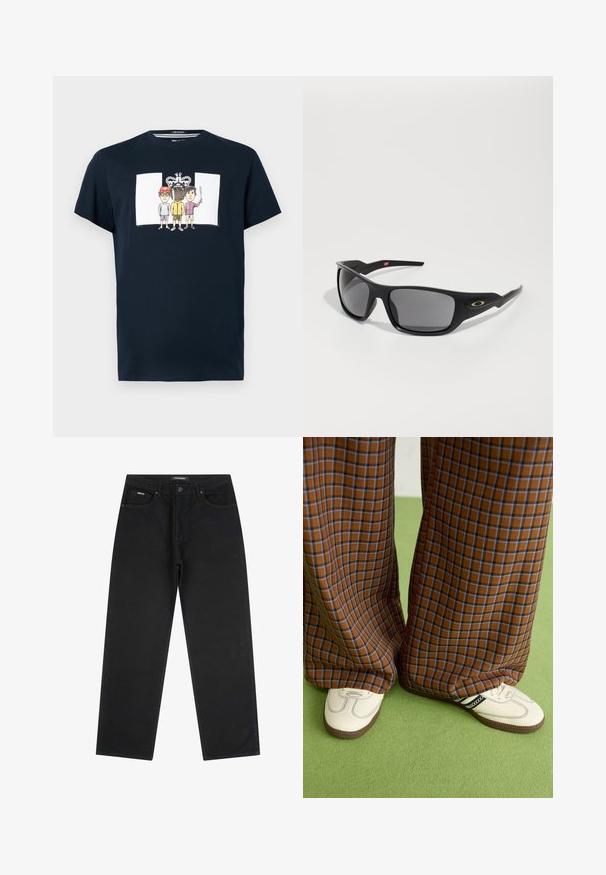 Námornícky modrá bavlnená tričko s předním potiskem tří kreslených postaviček a designem koruny se slovem "MÍR." Krátké rukávy, kulatý výstřih.; Černé džíny s rovnými nohavicemi, s předními knoflíky a zipem, poutky na opasek a pětipocketovým designem, položeny na bílé pozadí.; Hnědo-modré kostkované široké kalhoty doplněné bílými botami s černými akcenty a texturovanou podrážkou, umístěné na zeleném pozadí.; Černé sluneční brýle s obdélníkovým tvarem, vyrobené z odolného plastu, s šedými zrcadlovými skly a zlatým akcentem po straně.