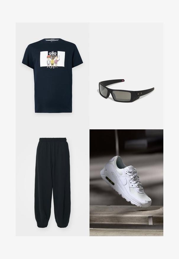 Granatowa bawełniana koszulka z krótkim rękawem, z nadrukiem z przodu przedstawiającym trzech bohaterów kreskówkowych i wzór korony z napisem "PEACE". Okrągły dekolt.; Czarne dresy z elastycznym pasem, luźny krój, ściśnięte nogawki, gładka tekstura, bez widocznych wzorów lub ozdób.; Białe sneakersy Nike Air Max 90 z siateczkowym i skórzanym wierzchem, perforowanym czubkiem oraz widoczną jednostką Air w pięcie.; Czarne okulary przeciwsłoneczne z matowym wykończeniem, prostokątne soczewki, lekko wygięte zauszniki, subtelny detal z logo oraz szkła w odcieniu dymnym.