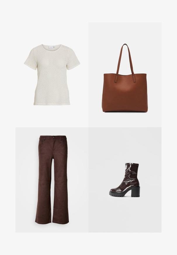 White knitted short-sleeve T-shirt featuring a diamond-patterned texture and a round neckline. Casual fit with a soft, breathable fabric.; Brown flared pants in a soft, suede-like fabric. Features four pockets, a button fastening, and a smooth, textured surface.; Glossy burgundy ankle boot with a chunky black heel, featuring a smooth texture and simple design. No visible fastenings or patterns.; Brown leather tote bag with a smooth texture, open top design, and two shoulder straps. Features minimal stitching and no visible hardware.