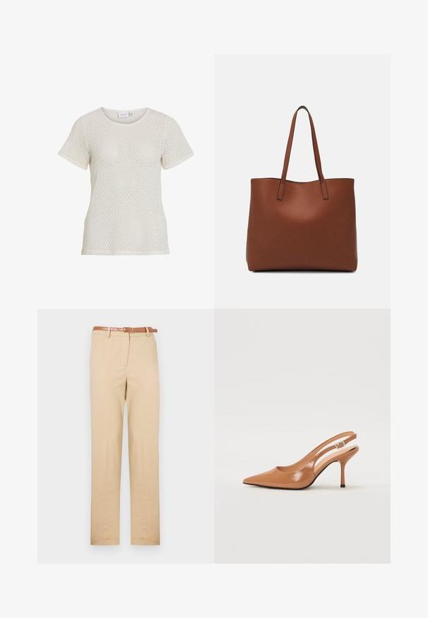 Fehér, kötött, rövid ujjú póló gyémánt mintázatú textúrával és kerek nyakkivágással. Lazán illeszkedő fazon, puha, lélegző anyagból készült.; Könnyű szövetből készült bézs chino nadrág, egyenes szabású, oldalsó zsebekkel és téglalap alakú csattal rendelkező barna bőr övvel.; Fingerszűk, hegyes orrú, háttámlás sarokcipő sima, fényes barnás anyagból. Íves kivágású dizájn és karcsú stiletto sarkú. Ezüst csattal ellátva.; Barna bőr vászontáska sima textúrával, nyitott tetejű dizájnnal és két vállpánttal. Minimális varrással és látható hardver nélkül készült.