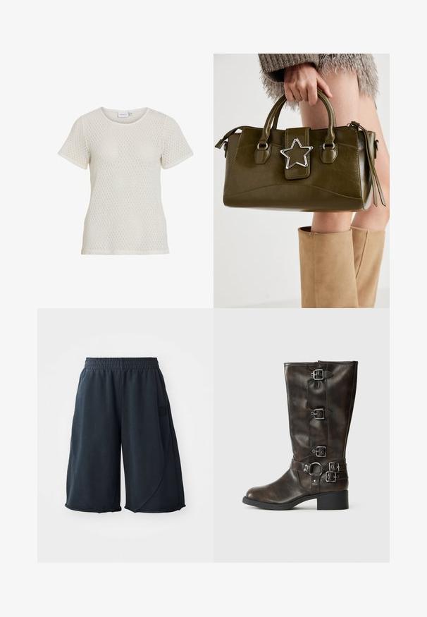 Baltas megztinis su trumpomis rankovėmis, pasižymintis deimanto raštu ir apvaliu iškirpimu. Atsipalaidavęs siluetas, pagamintas iš minkštos, kvėpuojančios medžiagos.; Juodos sportinės šortai iš minkštos medžiagos, su elastinga juosmens juosta ir logotipo etikete šone. Lygi tekstūra, laisvas kirpimas.; Rudos odinės iki kelių botai su keliais sagtimis, apvaliu pirštu ir žemu masyviu kulnu. Yra tekstūruotas paviršius ir reguliuojamos juostos.; Alyvuogių žalios spalvos dirbtinės odos rankinė su sidabro žvaigždės akcentu, dviem rankenomis ir užtrauktuko uždarymu. Tekstūruotas paviršius ir struktūrizuota forma.