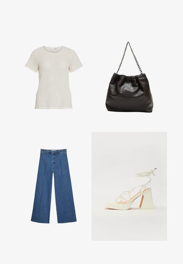 Bijela pletena majica kratkih rukava s teksturom u obliku dijamanta i okruglim izrezom. Ležeran kroj od mekanog, prozračnog materijala.; Široke traperice u srednje plavoj boji, s visokim strukom, zatvaranjem na dugme i kontrastnim vertikalnim šavovima duž prednje strane.; Bijela sandala na visokoj potpetici s debelim petom, s remenom i vezanjem oko gležnja. Glatka tekstura s platformom sprijeda za dodatnu visinu.; Smeđa kožna torba s naboranim vrhom i lančićem za nošenje. Glatka tekstura s sjajnim završetkom i suptilnim šavnim detaljima sa strane.