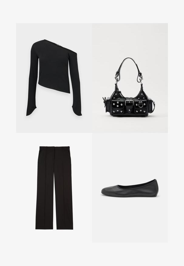 Black long-sleeve top featuring an asymmetric neckline, ribbed texture, cropped design, and elongated sleeves with rounded cuffs.; Black tailored trousers made of a smooth fabric, featuring a straight-leg design, and two side pockets. Elegant and minimalistic construction.; Black leather ballet flat with a rounded toe, smooth texture, minimal stitching detail, and a flexible sole design.; Black leather handbag with a curved design, featuring silver studs, a buckle, and two side pockets. Adjustable strap for carrying options.