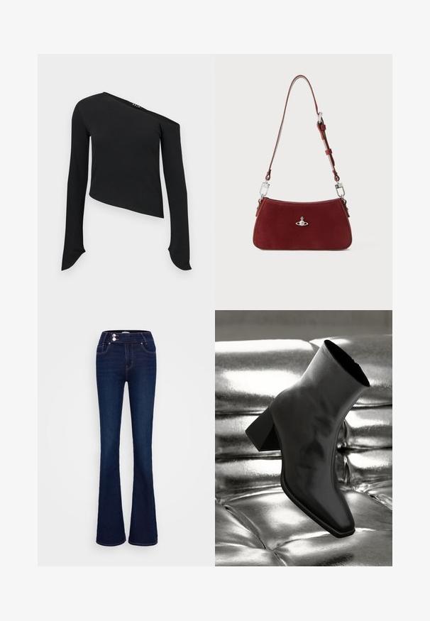 Svart langermet topp med asymmetrisk hals, ribbet tekstur, cropped design og forlengede ermer med runde mansjetter.; Mørkeblå vide jeans med høy midje, to frontlommer og to knappestenger. Laget av denim med en jevn tekstur.; Sorte ankelstøvler laget av blankt materiale med firkantet tå og avsmalnende hæl, plassert mot en glinsende sølvfarget tuftet bakgrunn.; Rød semsket skulderveske med buet form. Har sølvfargede akenter og justerbar stropp med detaljer i metall. Glatt tekstur.