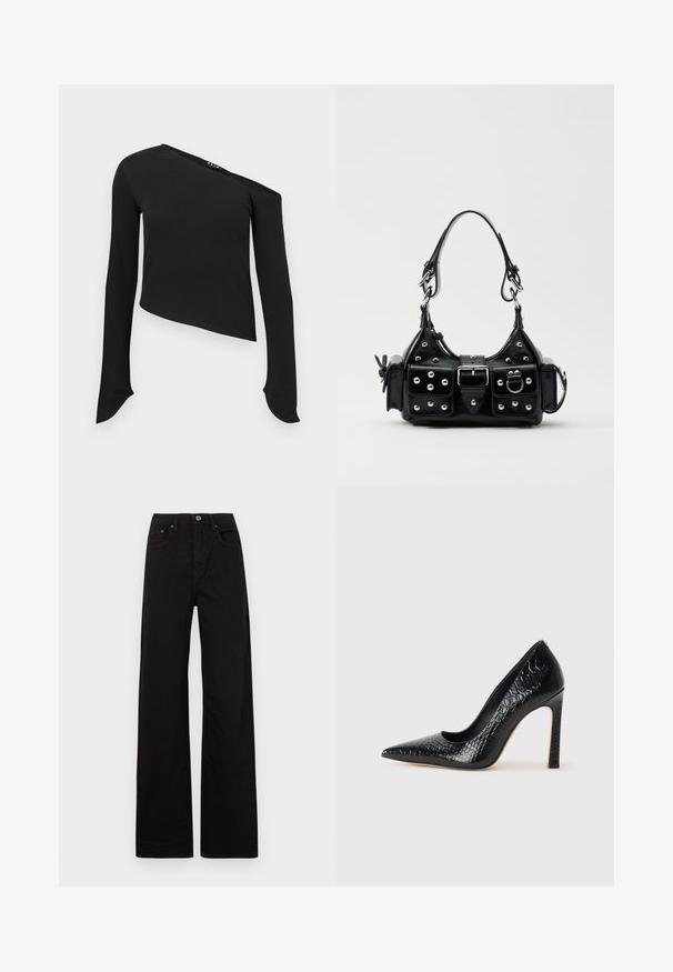 Must have mustrisetega mustriga mustrisetega keha osa peal, millel on lühem lõige, ebatavaline kaelus, soonik tekstuur ja pikad varrukad ümmarguste mansettide ning kootud viimistlusega.; Mustad laiad mustad teksad, mis on valmistatud vastupidavast kangast. Omab esimest nööbiklambrit, vöökepi ning kahte eesmist taskut. Sile, ühtlane tekstuur.; Mustan teravaotsaga kõrge kontsaga king, millel on krokodillimustriga tekstuur, stiilne disain, kõrge stilettokonts ja sile must sisesisustus.; Must värvi nahast käekott, millel on kaarjas disain, hõbedased nupukesed, kinnitusahe ja kaks külgtaskut. Reguleeritav rihm erinevate kandmisvõimaluste jaoks.