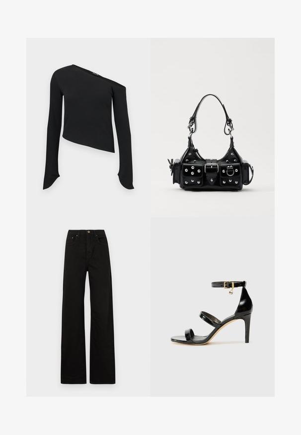 Svart långärmad topp med en asymmetrisk halslinje, ruggad textur, kort design och förlängda ärmar med rundade manschetter.; Svarta byxor med vida ben i robust tyg. Har en knappstängning fram, bältesöglor och två framfickor. Slät, enhetlig textur.; Svart lackskinnsandaler med tre remmar, ankelspänne och 10 cm stilettklack. Har detaljer i guldmetall och logokaraktär.; Svart läderhandväska med en kurvad design, prydd med silverfärgade nitar, ett spänne och två sidofickor. Justerbar rem för olika bäralternativ.