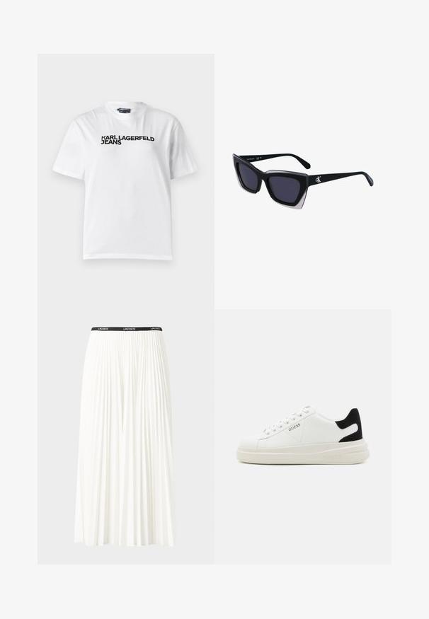 T-shirt de algodão branco com gola redonda, mangas curtas, e texto impresso em preto a dizer "KARL LAGERFELD JEANS" no peito.; Saia plissada branca com uma cintura elástica preta que apresenta o logótipo "LACOSTE". Design de comprimento médio com textura suave.; Sapatilhas brancas de couro com uma sola branca espessa, detalhe em camurça preta no calcanhar e logótipo em relevo na lateral. Design com atacadores e seis ilhós.; Óculos de sol oversized pretos com forma geométrica, apresentando lentes escuras e um detalhe cinza em contraste na armação. Logotipo na haste.
