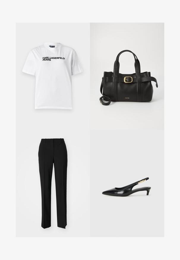 Baltas kokvilnas T-krekls ar apaļu izgriezumu, īsām piedurknēm un melnu tekstu "KARL LAGERFELD JEANS", kas drukāts uz krūšu daļas.; Melnas pielāgotas bikses ar taisnu kāju dizainu, kas raksturojas ar gludu faktūru un asiem krokām pa priekšu. Nav redzamu metāla detaļu.; Melnas ādas slingback zābaki ar smailu purngalu, ar šauru papēdi un zelta krāsas akcentu uz regulējama siksniņas. Gluda tekstūra.; Melnas ādas rokassoma ar strukturētu dizainu, divām augšējām rokturām, zelta toņa sprādzes akcentu un iegravētu zīmola logo priekšpusē.