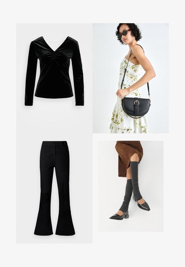 Melna samta gara piedurkne tops ar V-veida kakla izgriezumu un savilktu detaļu krūšu daļā. Mīksta tekstūra, pieguļošs dizains un gluda apdare.; Melni augstās vidukļa flared bikses ar priekšējām kabatām, jostas cilpām un priekšējo rāvējslēdzēju, attēlotas uz vienkārša fona.; Melnas laka ādas apavi ar norādītu purngalu, blokveida papēdi un potīšu jostu, saskaņoti ar pelēkām ribotām kāju sildītājām un brūnu zamšādas svārku.; Melnas ādas rokassoma ar izliekta formu, noņemamu siksnu un zelta aksesuāriem. Somai ir vāciņš ar sprādzes detaļu.