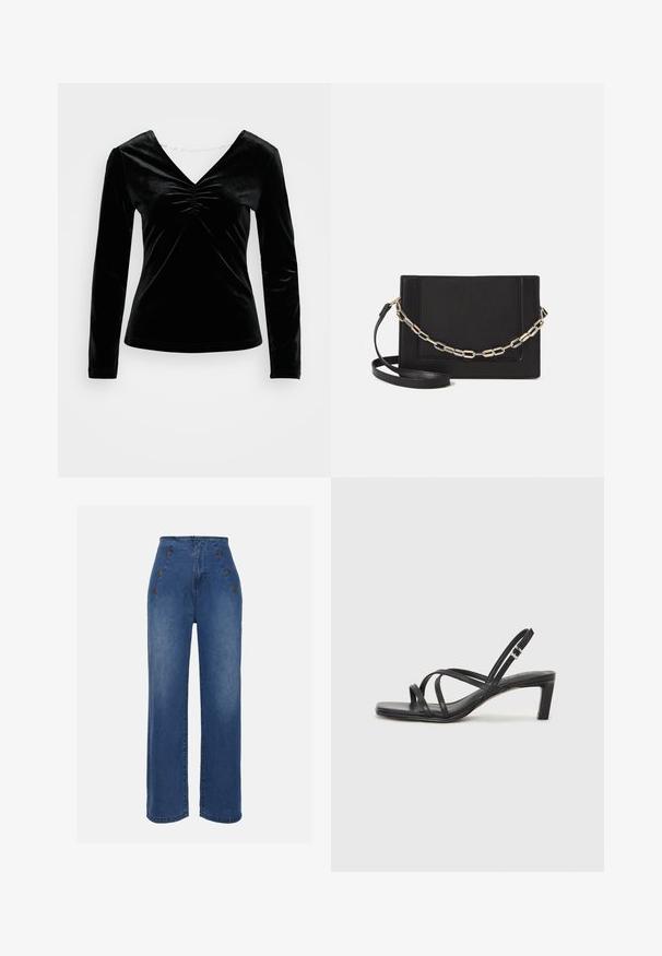 Čierne sametové tričko s dlhým rukávom, výstrihom do V a naťahovacím detailom na poprsí. Mäkka textúra, priliehavý strih a hladký povrch.; Džíny s vysokým pásom v strednej modrej farbe. Obsahujú predné gombíkové detaily a široký strih nohavíc. Látka má hladkú štruktúru s miernym vyblednutím.; Čierne sandále na vysokom podpätku so štvorcovou špičkou a nízkym blokovým podpätkom. Obsahujú viacero tenkých popruhov a nastaviteľný členkový popruh. Vyrobené z hladkej kože.; Čierna kožená crossbody taška s hladkou textúrou, obdĺžnikovým tvarom a kovovým reťazovým detailom na prednej strane. Súčasťou je nastaviteľný popruh.