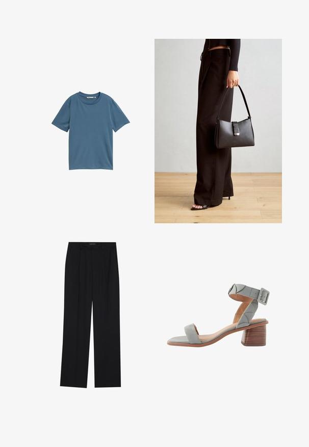 Tričko s krátkým rukávem v jednolité modré barvě, kulatým výstřihem, vyrobené z měkké tkaniny, volného střihu, bez vzorů či kovových detailů.; Černé kalhoty se střihem rovného nohavice, které mají dvě přední kapsy a pas. Vyrobené z hladkého, lehkého materiálu.; Next FOREVER COMFORTREGULAR FIT - Páskové sandály - blue; Černá kabelka se strukturovaným tvarem, hladkým povrchem a kovovým uzávěrem. Kombinována s širokými černými kalhotami a sandály s otevřenou špičkou na dřevěné podlaze.