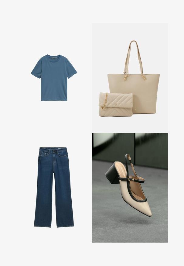 Tričko s krátkym rukávom v jednoliatej modrej farbe, s okrúhlym výstrihom, z jemnej látky, vo voľnom strihu, bez vzorov alebo kovových detailov.; Džíny s širokými nohavicami v tmavomodrej farbe, s piatimi vreckami, zapínaním na gombíky a jemnými švovými detailmi.; Béžová lodička so špicatou špičkou, s čiernym lemom, zlatou prackou a robustným blokovým podpätkom na šedom podlahe s tmavozeleným pozadím.; Bežová taška na plece s plochými uchami, hladkým povrchom a zlatými kovovými detailami, doplnená zladenou prešívanou kabelkou s reťazovou rukoväťou.