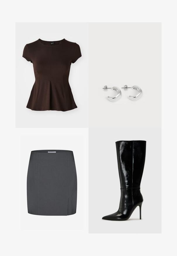 Bruine top met korte mouwen en een ronde halslijn, voorzien van een uitlopende onderrand en een gladde stofstructuur, ontworpen voor een getailleerde silhouette.; Envii SPLIT - Kokerrok - grey; Zwarte leren kniehoge laarzen met een spitse neus en hoge stiletto hak. Soepele textuur en strak ontwerp, met minimale detailing.; Zilveren creolen met een gladde, gepolijste afwerking. Ronde vorm met een licht gebogen ontwerp en versmolten randen. Met pin sluiting.