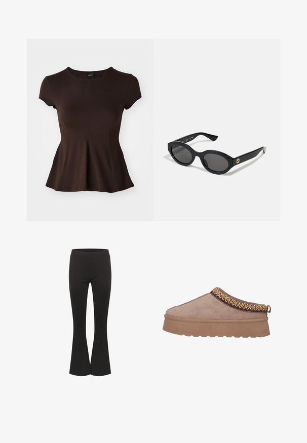 Bruine top met korte mouwen en een ronde halslijn, voorzien van een uitlopende onderrand en een gladde stofstructuur, ontworpen voor een getailleerde silhouette.; Zwarte flared broeken met een aansluitende taille en een zachte stof, rechtopstaand tegen een witte achtergrond.; Bruine suède instap schoen met een dikke, gestructureerde zool, die intrigerende gele en bruine borduursels langs de bovenrand vertoont.; Zwarte ovale zonnebril met donkere glazen en een glanzend kunststof frame. Heeft een gouden logo op de poot, dat een strakke en moderne uitstraling biedt.