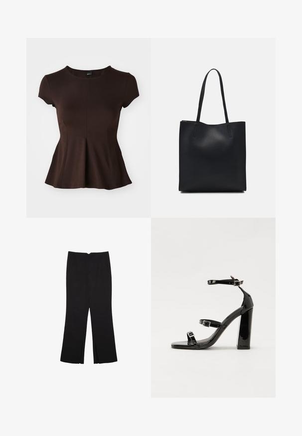 Smeđa majica kratkih rukava s okruglim izrezom, s raširenim rubom i glatkom teksturom tkanine, dizajnirana za uski kroj.; Crne hlače ravnog kroja, s prednjim džepovima i bočnim prorezima na rubu. Izrađene od mekog i glatkog materijala. Pogodne za razne prigode.; Crne lakirane sandale na pete sa kvadratnim nosom, trakama oko gležnja i srebrnim kopčama. Imaju čvrst blok petu za stabilnost.; Crna kožna torba za nošenje s glatkom teksturom, pravokutnim oblikom i dvije duge ručke. Nema vidljivih metalnih dijelova ili ukrasa.