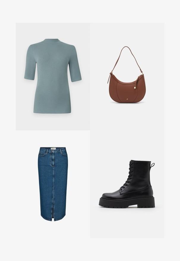 Ribakootud topp pehmes sinakas-rohelises värvitoonis, millel on kõrge kaelus ja lühikesed varrukad, ülikitsas ja sile tekstuur.; Tumedast denimist seelik, millel on ees lõhik, viis taskut ja kontrastne õmblus. Keskmise kõrgusega talje klassikalise disainiga.; Mustad mustad nahast pahkluu saapad ümarate varvastega, nööridega esiosas ja paksu kummist talla ning tekstuuritud mustriga. Tagumine tõmbeaas.; Pruun faux nahast õlaline kott, millel on kaarjas kuju, minimaalne õmblemine ja kuldse tooni metallist aksessuaar. Omab ülemist tõmblukku ja reguleeritavat rihma.