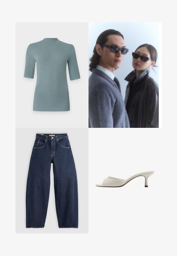 Ribbed knit top in soft blue-green, features a high neck and short sleeves, with a fitted silhouette and smooth texture.; Dark blue denim jeans with a loose fit, light stitching, five pockets, and a button closure at the waistband.; White open-toed high-heeled mules with a smooth finish, minimalist design, and a slender heel, featuring a subtle brown accent on the sole.; Sunglasses with angular black frames on model with a gray sweater, showcasing textured knit and a black leather jacket worn by another model.