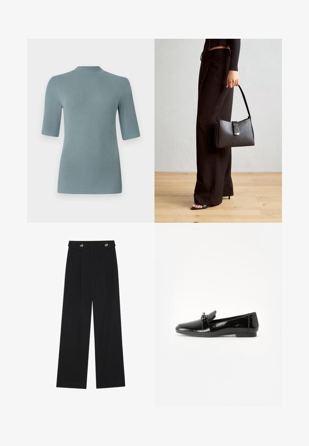 Top de punto acanalado en un suave verde azulado, con cuello alto y mangas cortas, que presenta una silueta ajustada y una textura suave.; Pantalones de pierna ancha negros con cintura alta, detalles de botones en la cinturilla y pliegues en la parte delantera.; Mocasín de charol negro con suela plana, punta redonda y una correa decorativa con un acento en tono dorado. Acabado suave y brillante.; Bolso negro con forma estructurada, textura suave y un cierre metálico. Combinado con pantalones anchos negros y sandalias de dedo en un suelo de madera.