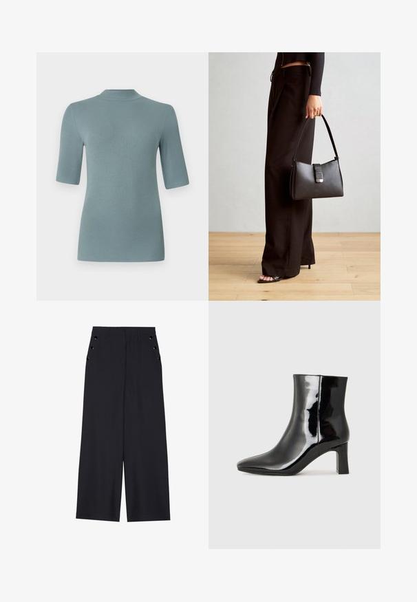 Top de malha canelada em azul-esverdeado suave, com um pescoço alto e mangas curtas, apresentando uma silhueta ajustada e uma textura suave.; Calças largas de tecido azul marinho escuro, com uma textura suave, pregas frontais e ilhoses decorativos em tom dourado nos bolsos laterais.; Botim de tornozelo em pele sintética preta com bico apontado e salto bloco de altura média. Textura suave e design minimalista.; Bolsa preta com forma estruturada, textura suave e um fecho metálico. Combinada com calças largas pretas e sandálias de salto aberto sobre um chão de madeira.