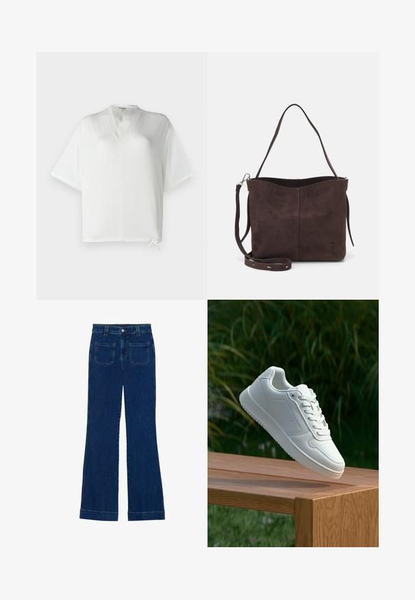 White short-sleeve top with a V-neck and relaxed fit. Features a drawstring at the hem and smooth, lightweight fabric.; Denim flared jeans in dark blue with a smooth texture, five-pocket design, and a button closure at the waist.; White sneaker with a smooth synthetic upper, perforated toe box, flat laces, and a textured sole, displayed on a wooden surface.; Brown suede tote bag with a soft texture, featuring a single shoulder strap and a subtle curved top opening. No visible hardware details.