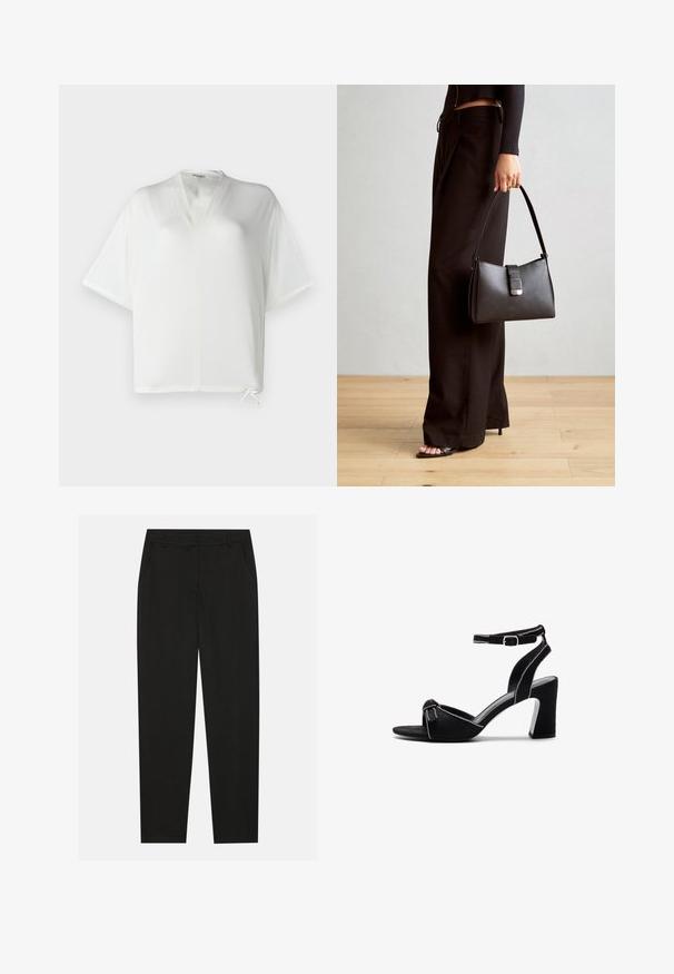 Weißes T-Shirt mit kurzen Ärmeln, V-Ausschnitt und lockerer Passform. Verfügt über einen Kordelzug am Saum und ein glattes, leichtes Material.; Schwarze Hosen mit taillierter Passform, ausgestattet mit seitlichen Taschen und geradem Bein. Hergestellt aus glattem, leichtem Stoff mit einem eleganten Finish.; Schwarze Wildleder-Pumps mit einem breiten Blockabsatz, verstellbarem Knöchelriemen, Offene Zehen-Design und kontrastierenden gesteppten Details.; Schwarze Handtasche mit strukturierter Form, glatter Textur und einem metallischen Verschluss. Kombiniert mit weiten schwarzen Hosen und offenen Sandalen auf einem Holzboden.